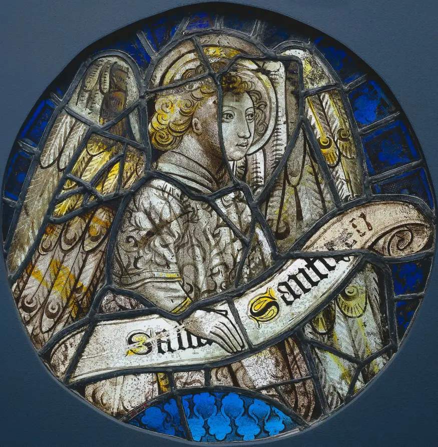 Stained Glass Roundel with an Angel Holding a Scroll