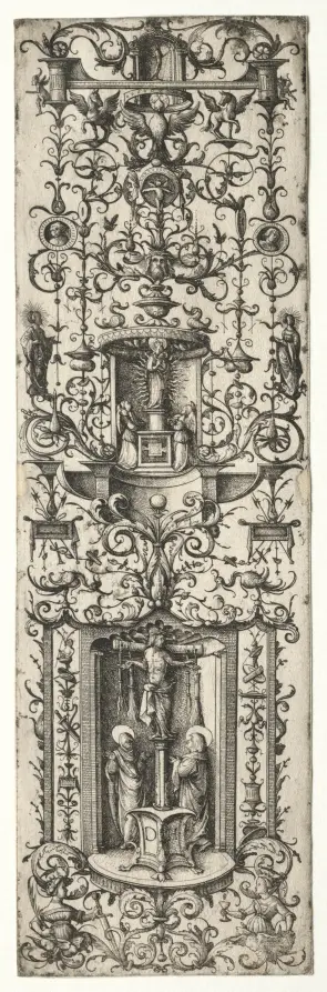 Ornamental fillet with the crucifixion and the virgin and child