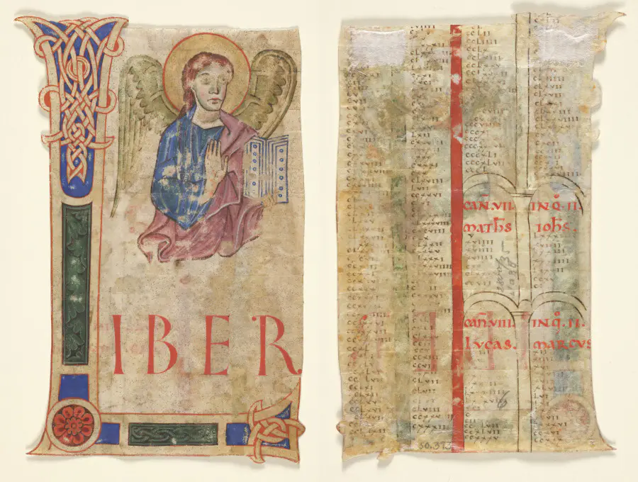Miniature Excised from a Gospel Book: The Symbol of St. Matthew (recto) and Canon Tables (verso)