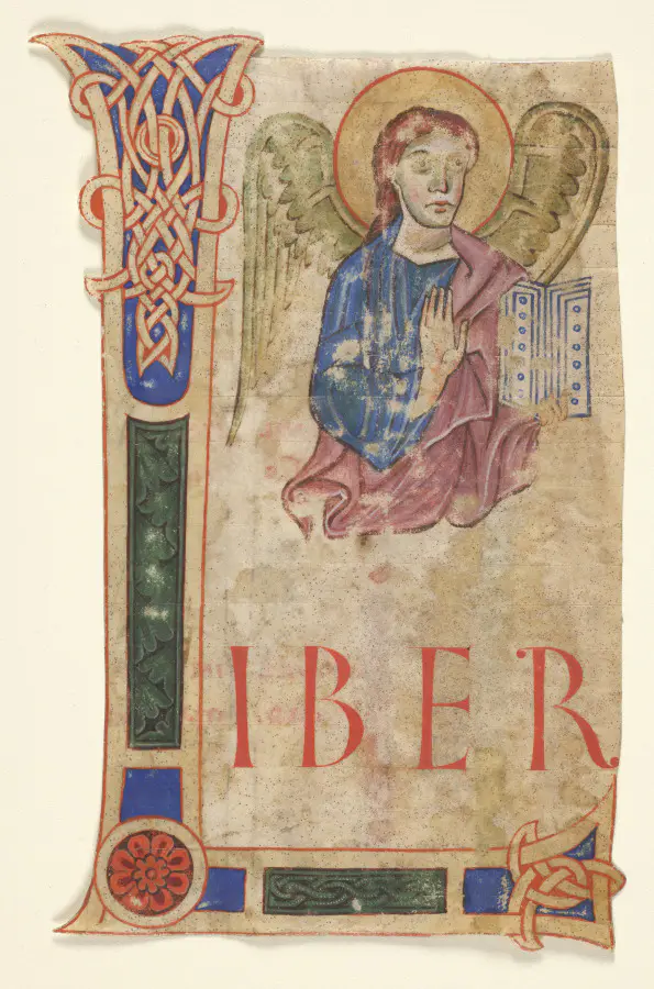 Miniature Excised from a Gospel Book with Initial L[iber generationis]: The Symbol of Saint Matthew (recto)