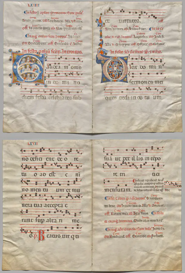 Bifolio from a Gradual: Initial (G) with Christ, the Virgin, and Apostles and Initial (O) (recto); Music and Text (verso)