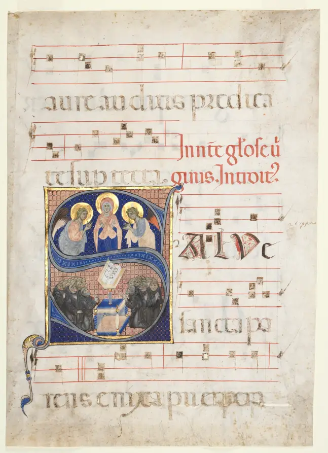 Initial S[alve sancta parens] with the Virgin Adored by Angels, and Singing Benedictine Monks: Single Leaf from a Gradual