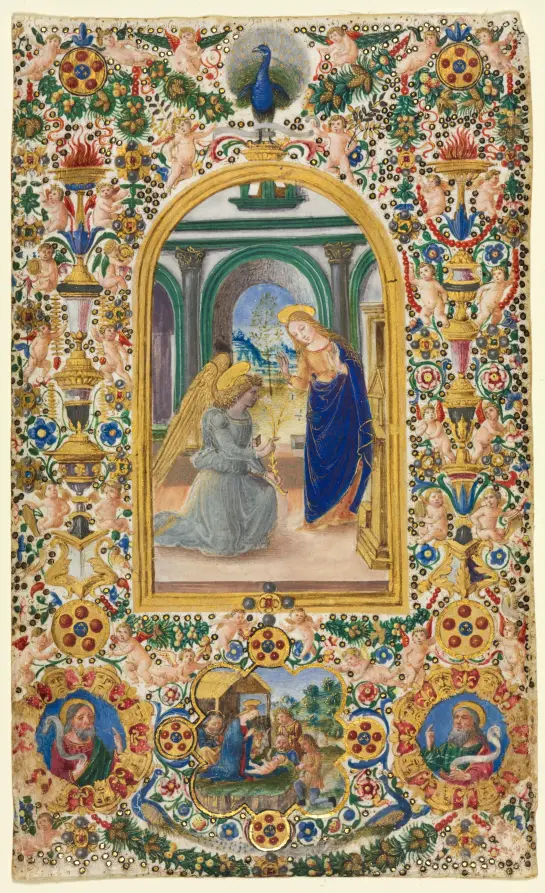 Leaf from a Book of Hours: Annunciation, Nativity and Two Prophets