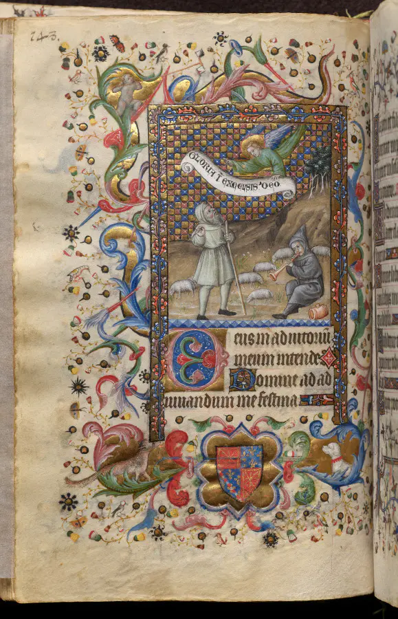 Hours of Charles the Noble, King of Navarre (1361-1425): Annunciation to the Shepherds (Tierce), fol. 74 (verso)