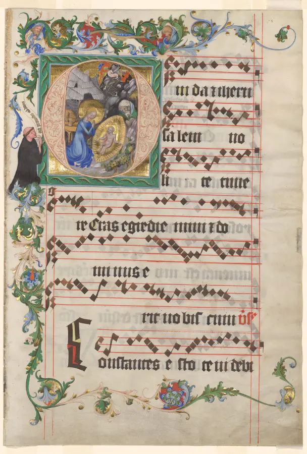 Bifolio from an Antiphonary: Historiated Initial O with the Nativity