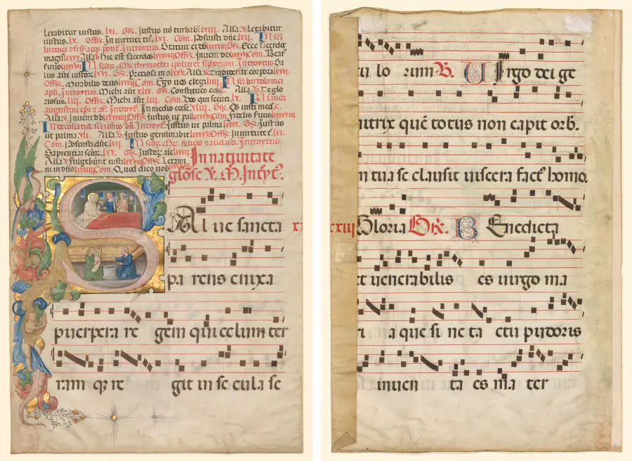 Leaf from a Gradual: Historiated Initial S[alve Sancta Parens] with Birth of the Virgin (recto) and Music (verso)