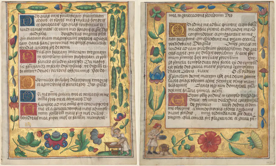 Leaf from a Psalter and Prayerbook: Ornamental Border with Pea Vines and a Girl Kneading Bread (recto) and Ornamental Boarder with Carnations, a Thistle, and a Cook Ladling Soup (verso) (1 of 3 Excised Leaves)