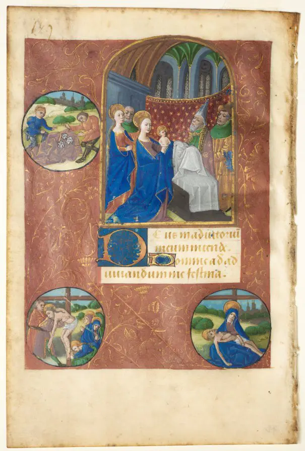 Leaf from a Book of Hours: Presentation in the Temple with Roundels of the Casting of Lots, the Deposition, and Pietà (None, Office of the Virgin)
