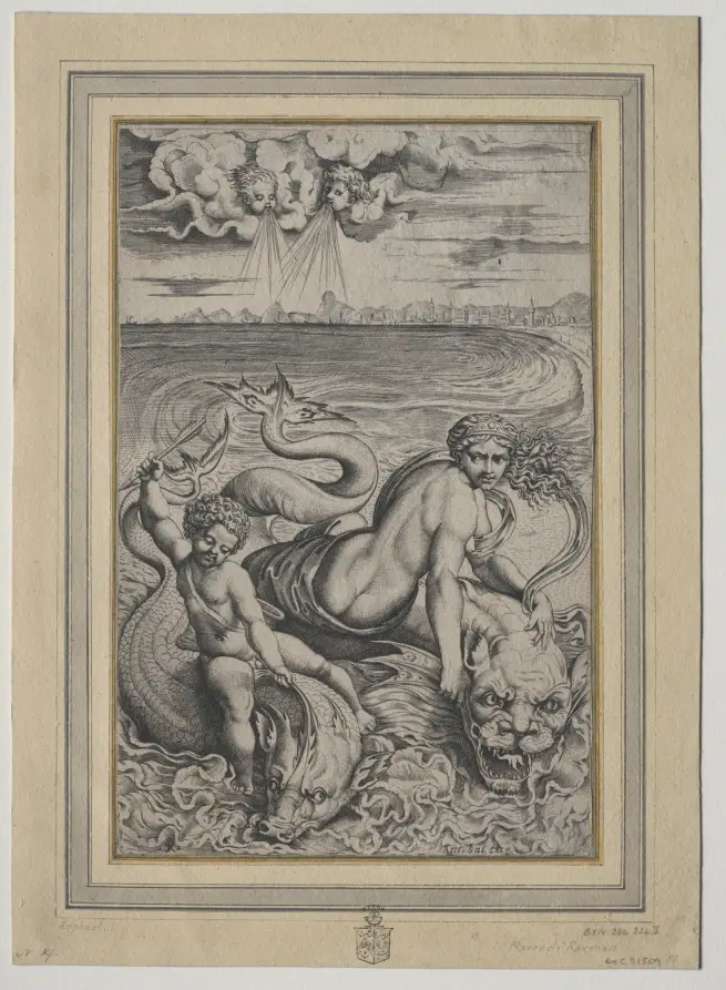 Love and Cupid Carried by Dolphins