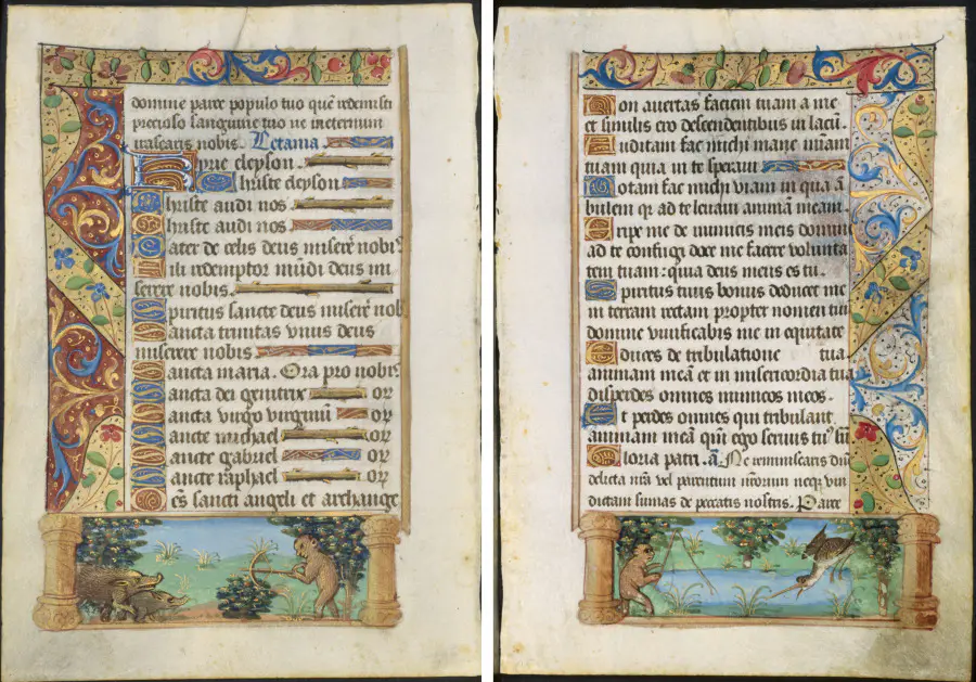 Leaf from a Book of Hours: Ape Hunting Wild Boars (recto) and Ape Fishing (verso)