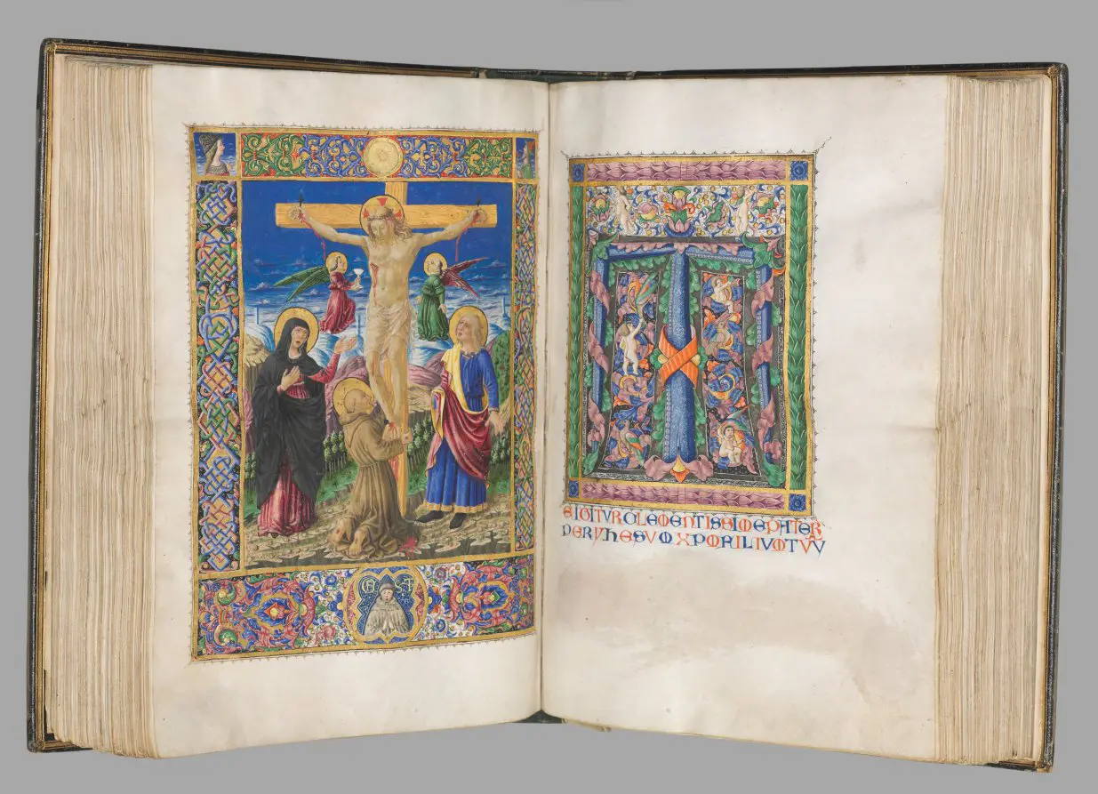 Missale: Fol. 185v: Crucifixion with borders (full page)
