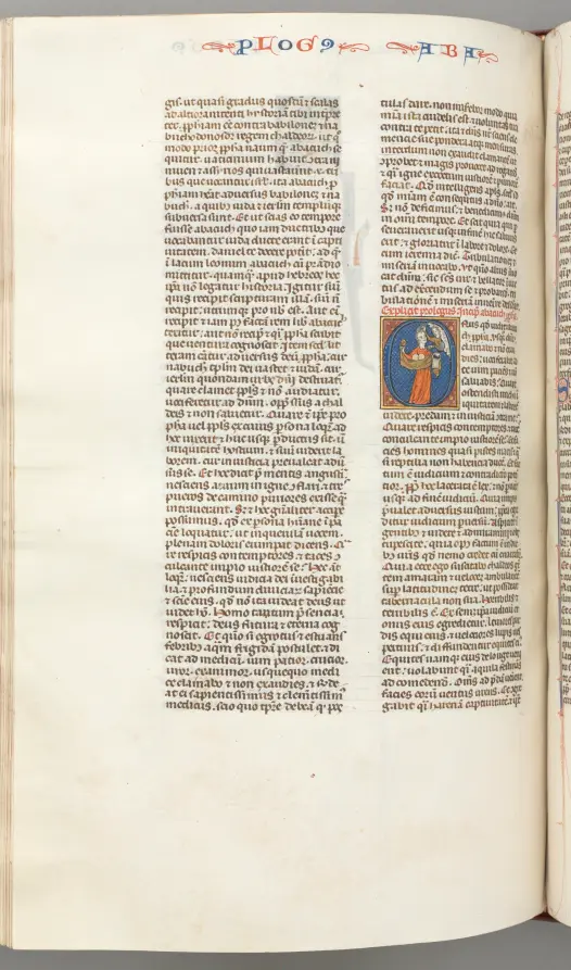 Fol. 361v, Habbakuk, historiated initial O, Habbakuk holding a basket and two stones, seized by the hair by an angel