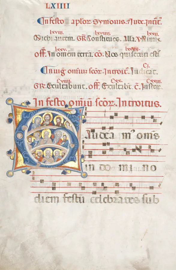 Bifolio from a Gradual: Initial (G) with Christ, the Virgin, and Apostles and Initial (O) (recto)