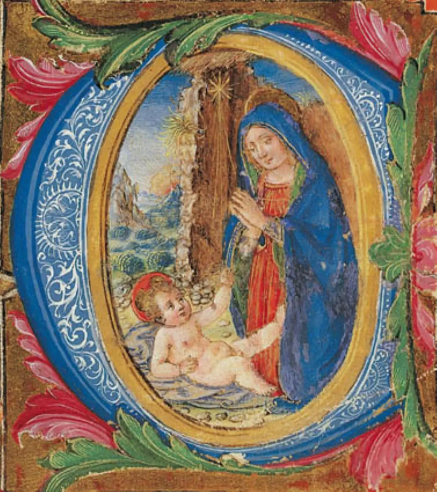 Madonna tilbedende Jesus-barnet i illumineret initial C