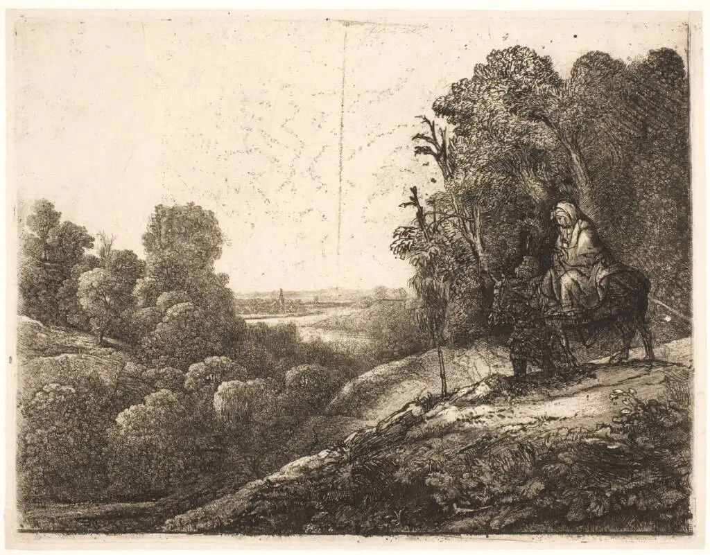 Flugten til Egypten. Pladen oprindelig af Hercules Segers med Tobias og englen
