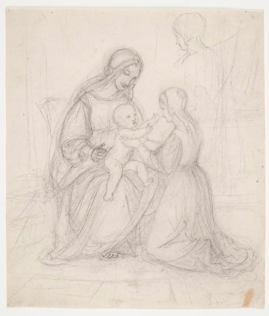 Siddende madonna med barn og knælende kvinde