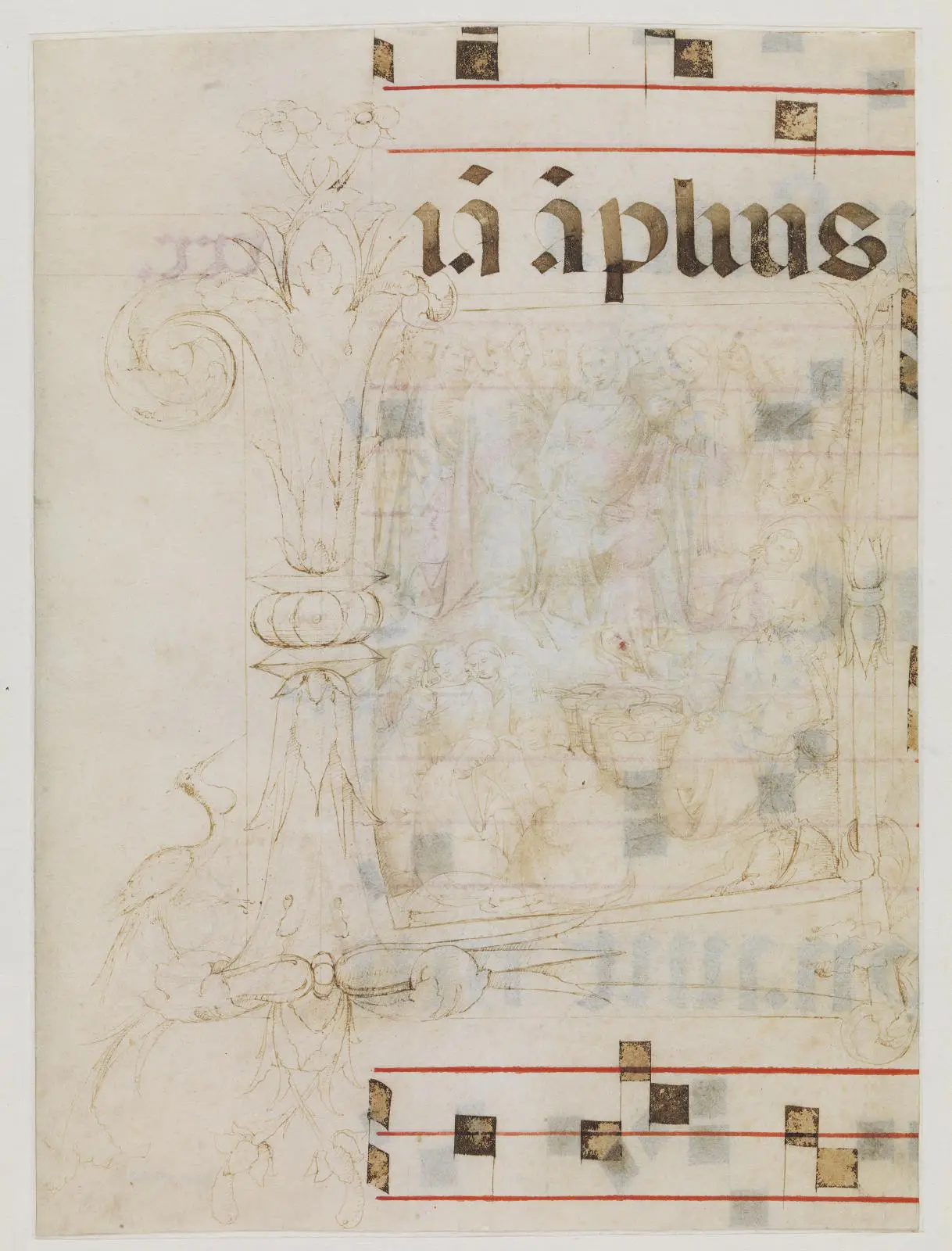 Miraklet med brødene og fiskene i initialet L (Johs. 6.3-13), tekstfragmenter og noder