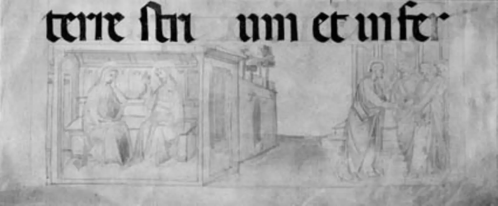 T.v. Kristus med Maria Magdalene eller Kristus, der tager afsked med jomfru Maria, t.h. Judas, der modtager de 30 sølvpenge og et tekstfragment