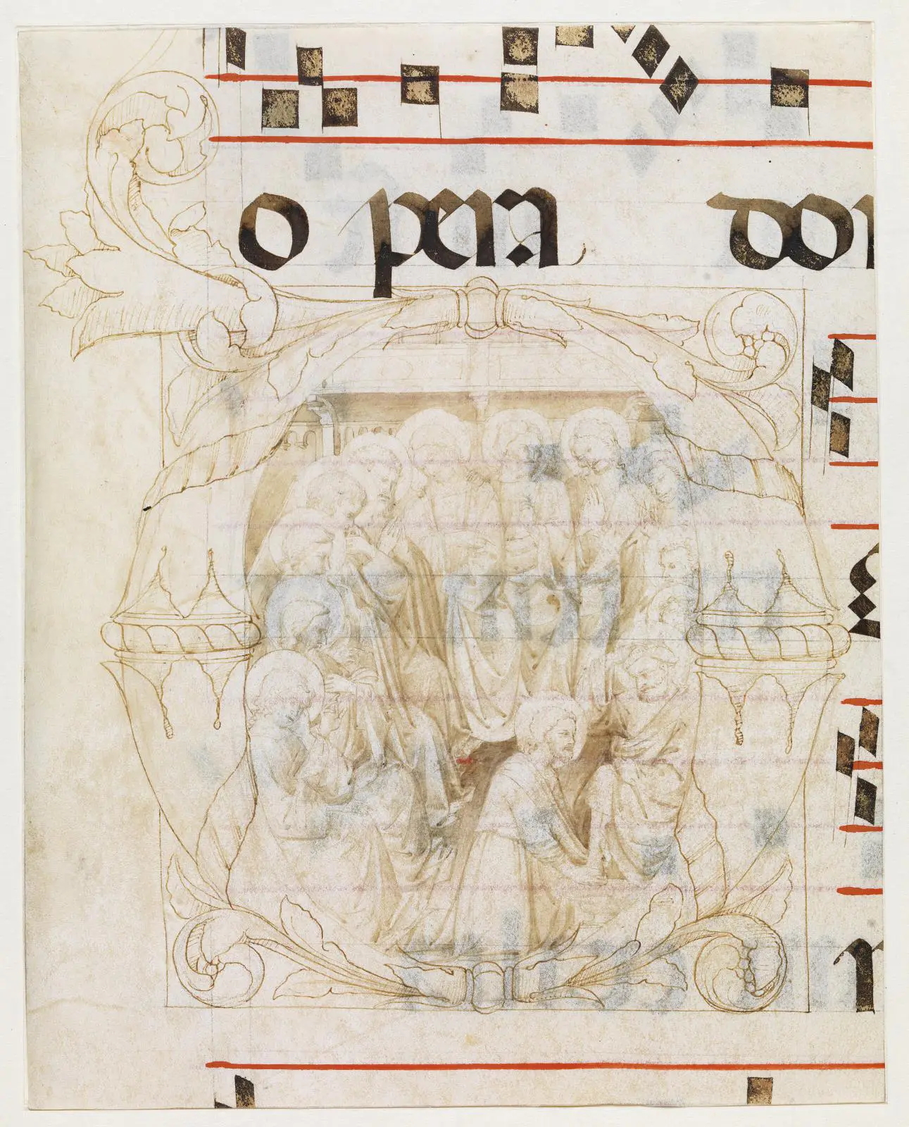 Kristus, der vasker apostlenes fødder i initialet D (Johs. 13.3-9), tekstfragmenter og noder