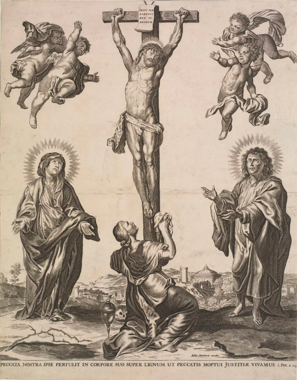 Kristus på korset, omgivet af Jomfru Maria, Maria Magdalene, Johannes Døberen og fire engle