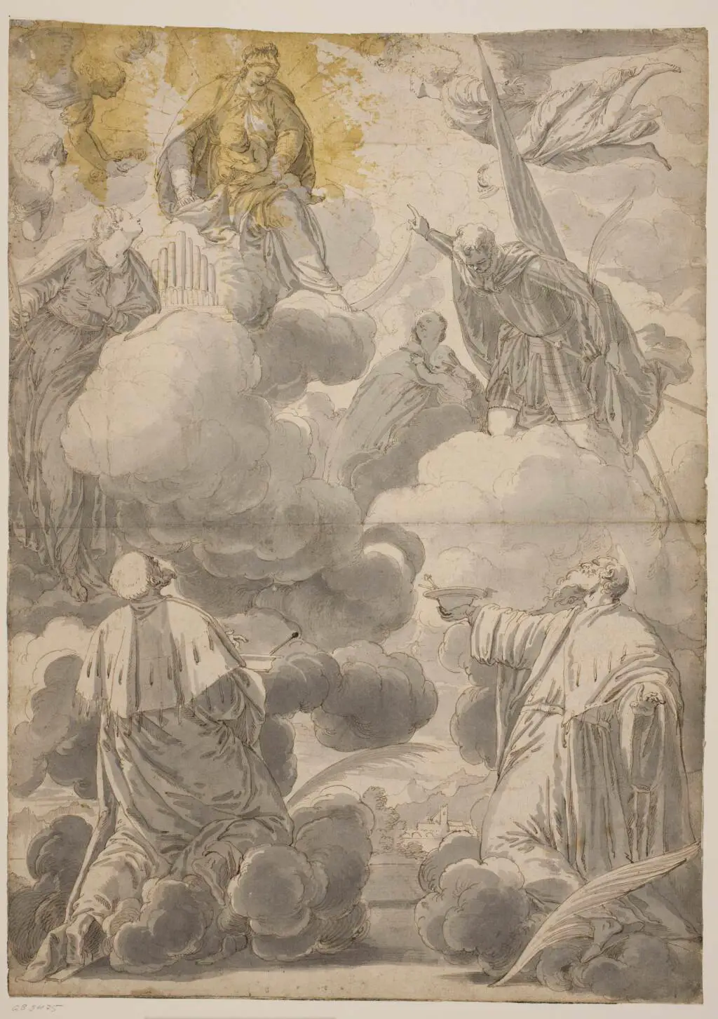 Jomfru Maria med barnet i skyerne omgivet af engle og Skt. Cosmas og Damianos, Skt. Cecilia, Skt. Secundus og Skt. Marina