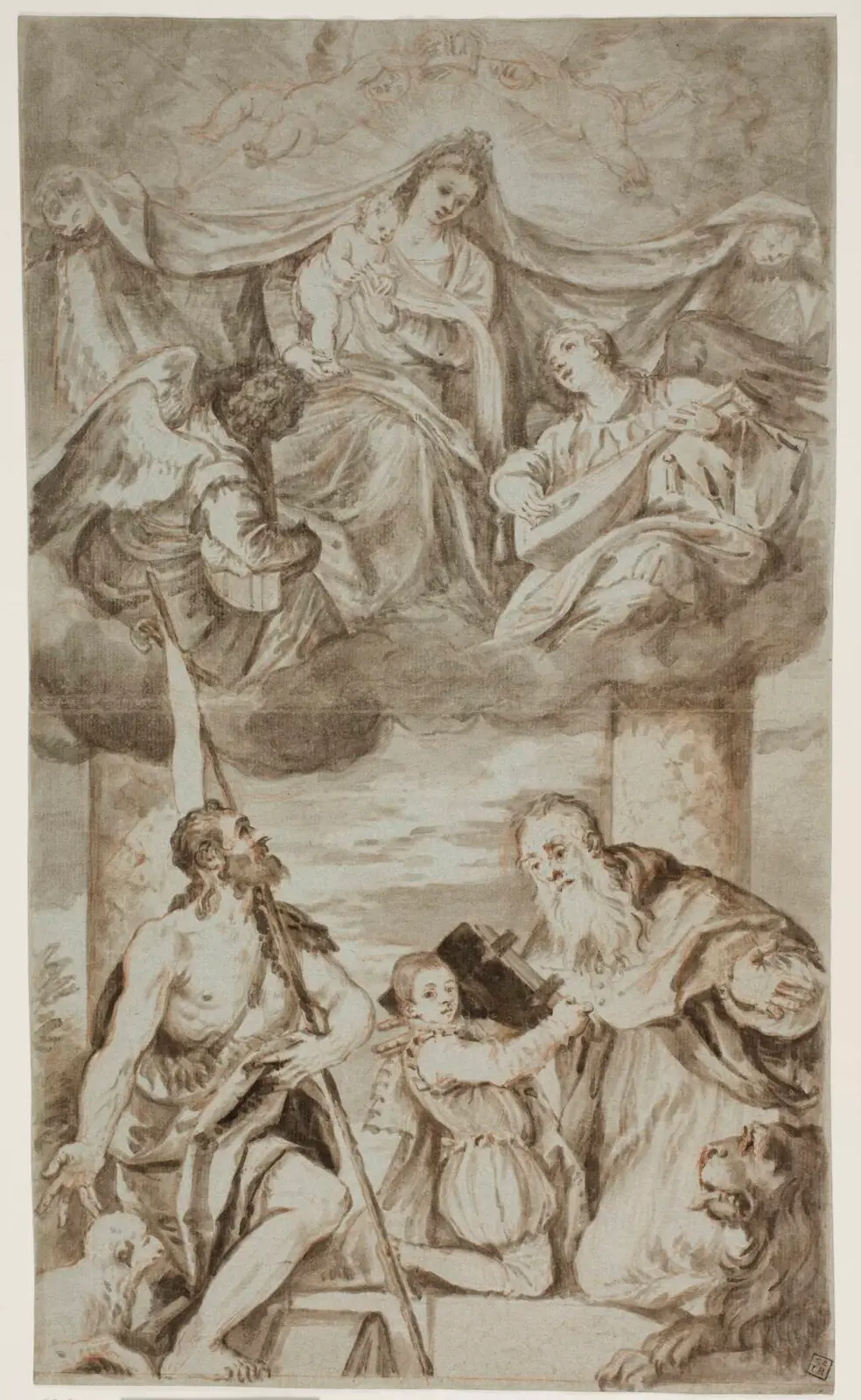 Jomfru Maria med Jesusbarnet omgivet af engle i skyerne med Johannes Døberen og Hieronymus, efter Paolo Veroneses maleri tidligere i S. Francesco della Vigna, Venedig
