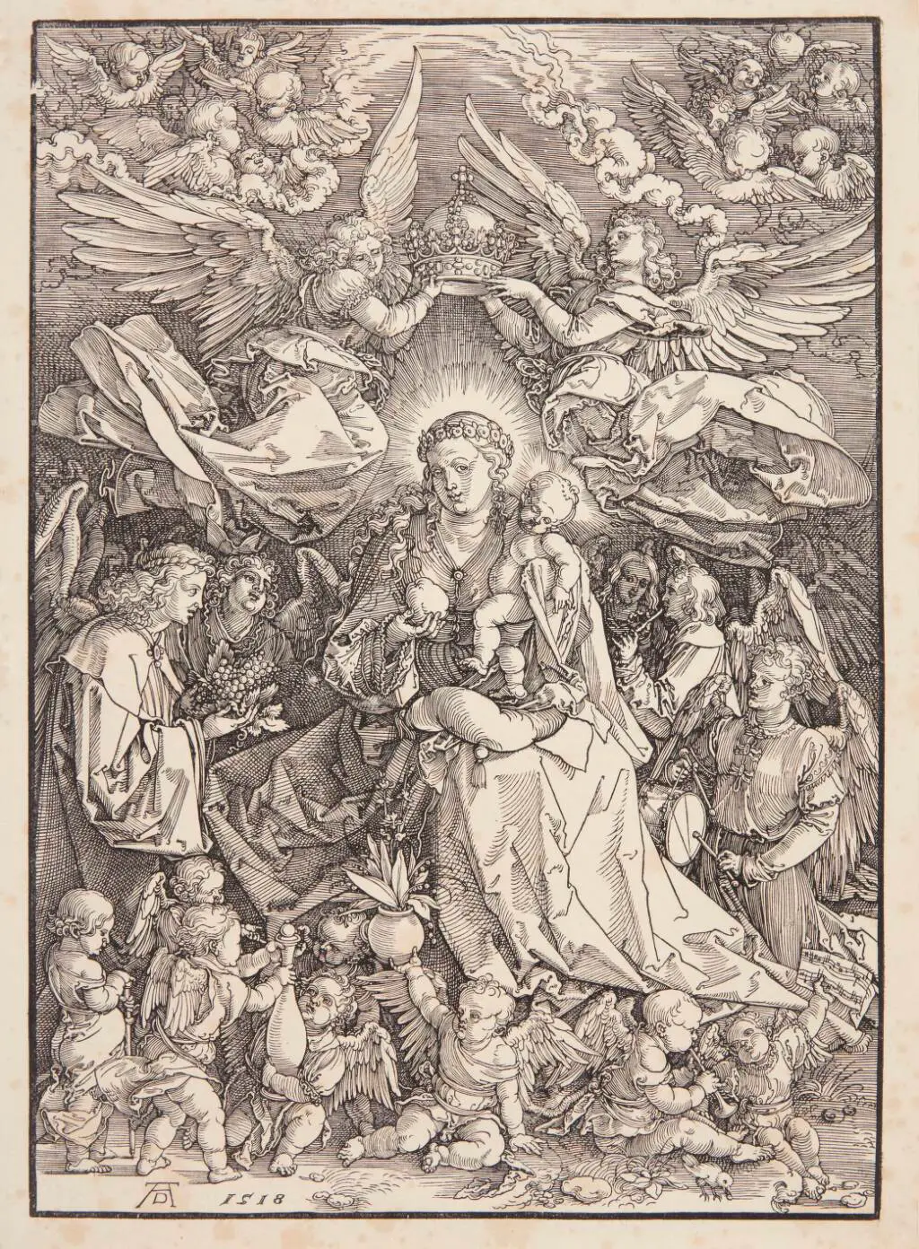 La vierge assise, ayant l'enfant Jésus sur le bras gauche, et tenant une pomme de la main droite