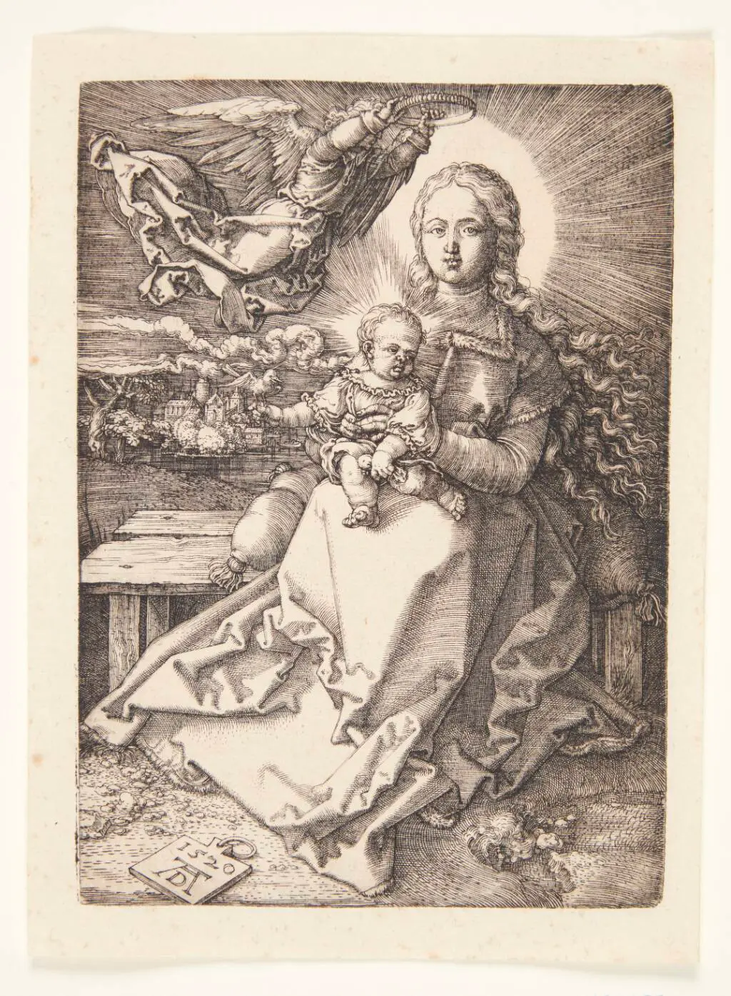 Madonna, siddende, krones af en engel