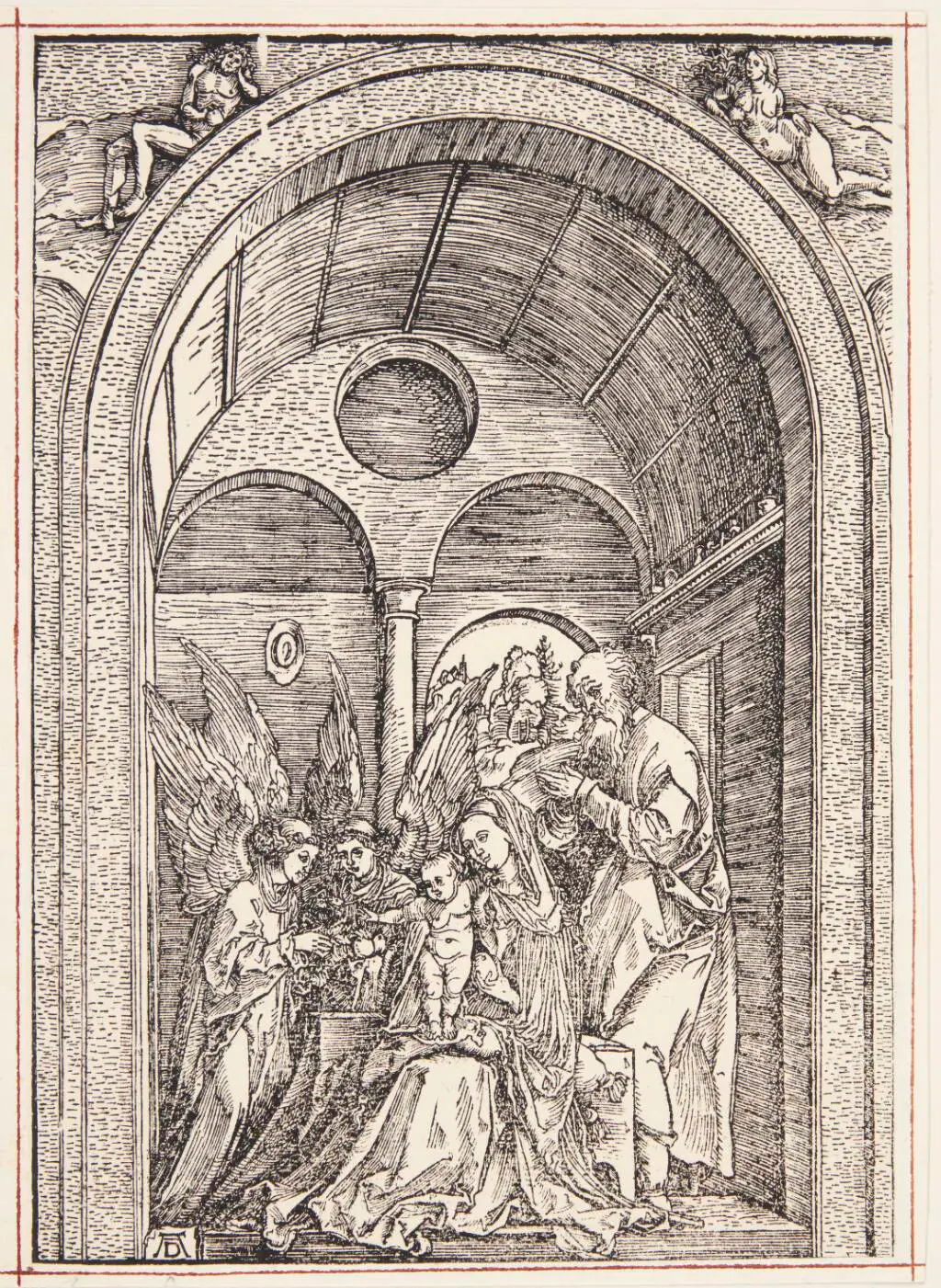 La vierge assise dans une chambre voûtée, et ayant sur ses genoux l'enfant Jésus