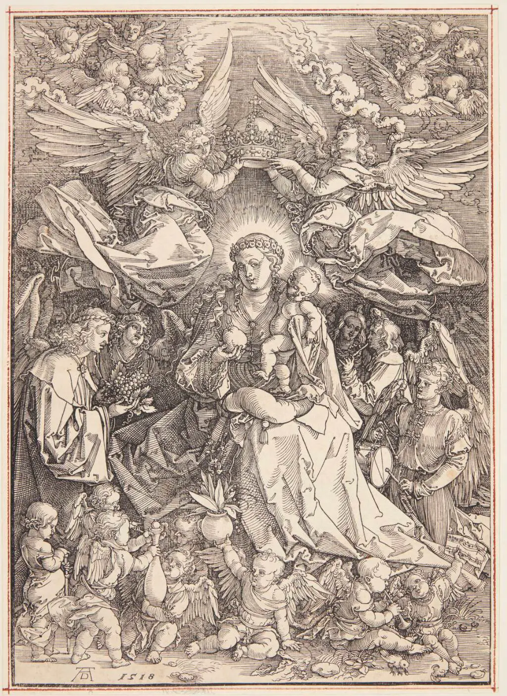 La vierge assise, ayant l'enfant Jésus sur le bras gauche, et tenant une pomme de la main droite