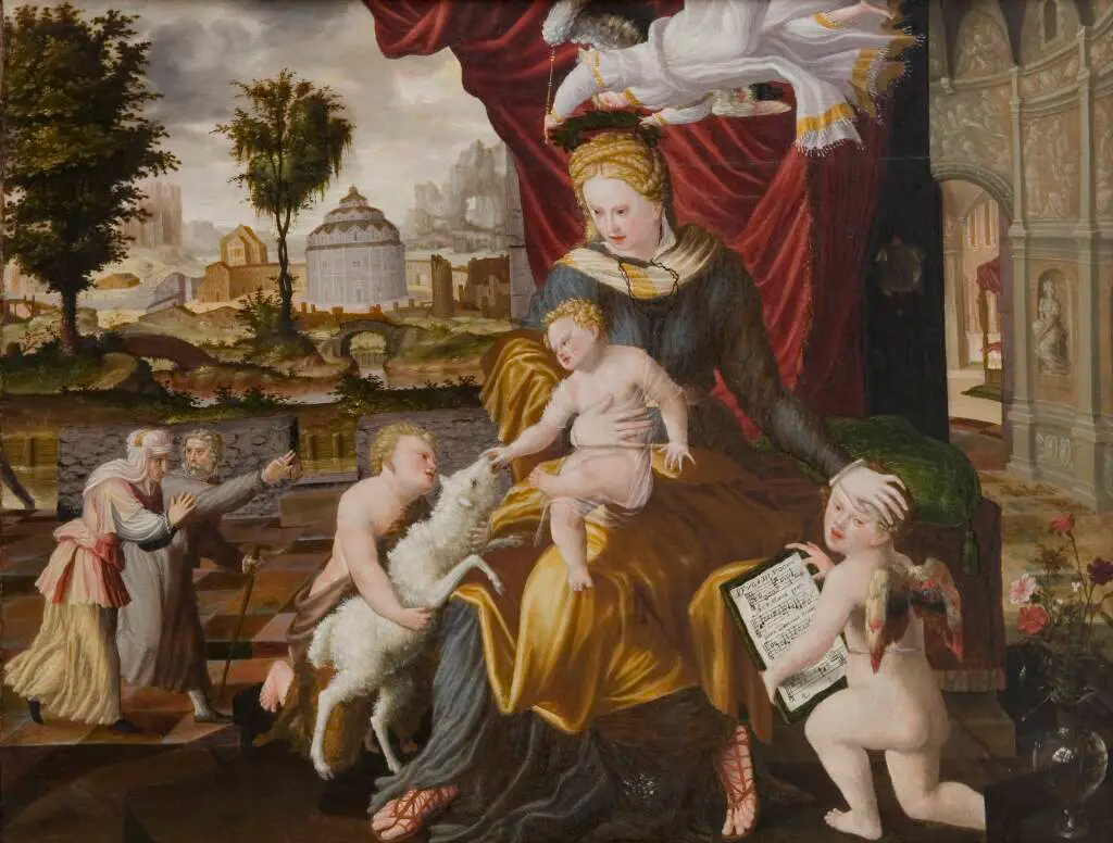 Madonna med barnet omgivet af den lille Johannes og to engle, hvoraf den ene bringer et scepter og kroner Maria med en laurbærkrans