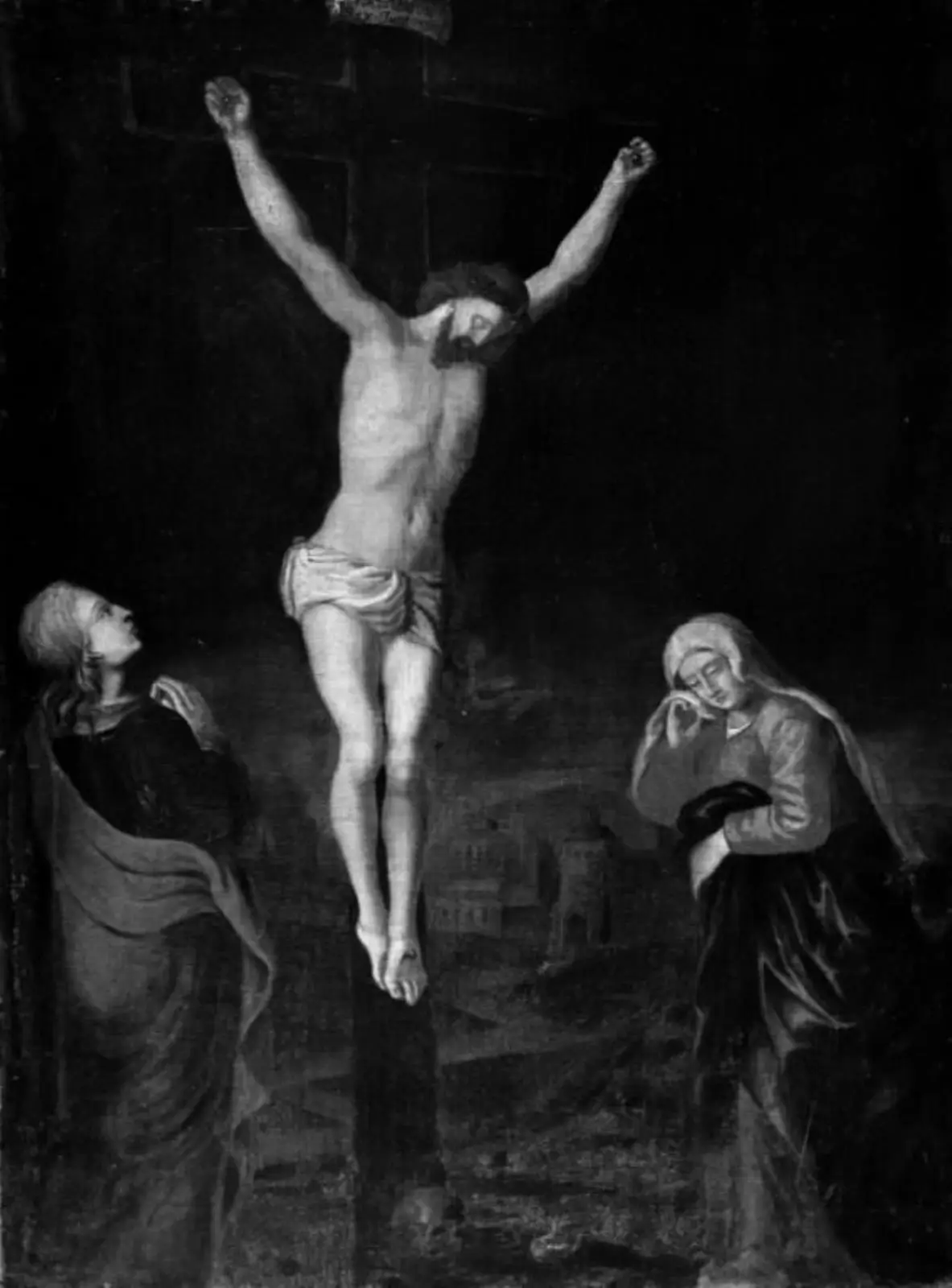 Kristus på korset mellem Jomfru Maria og Johannes