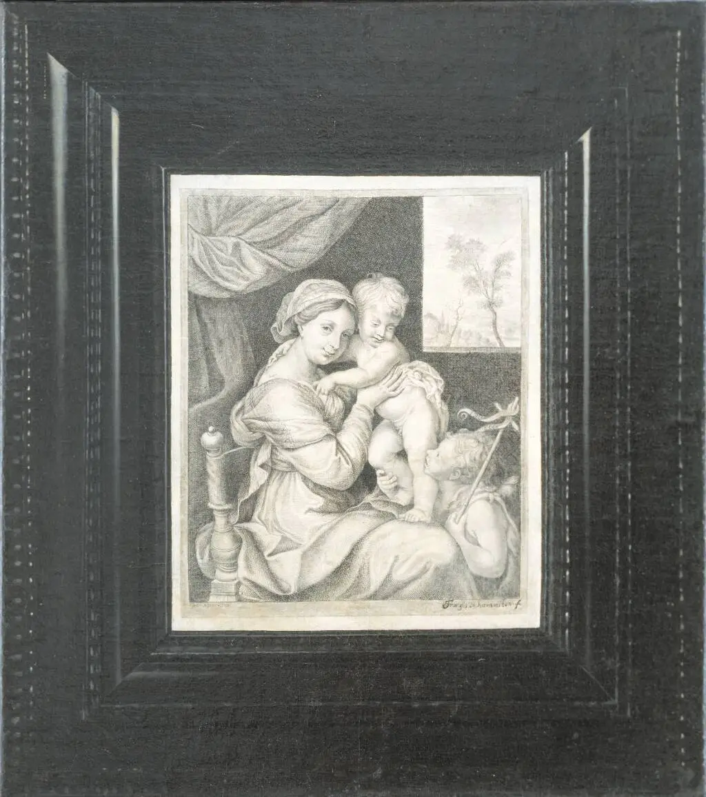 Trompe l'oeil af et indrammet kobberstik af Maria med Barnet